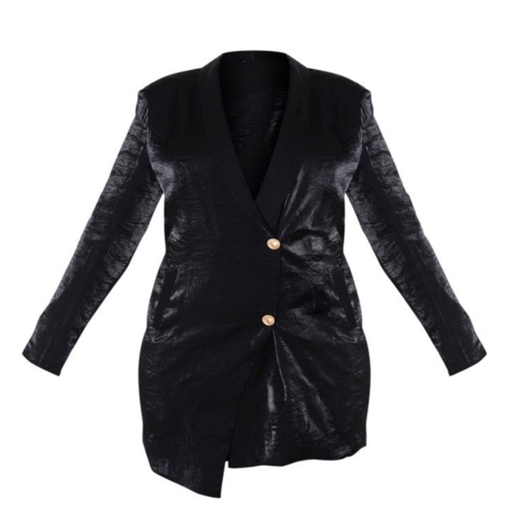Black Pleated Shimmer Gold Button Blazer Dress